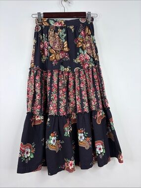 Vintage Maxi Skirt Womens XS Black Pink Floral Cotton Tiered Peasant Ribkoff
